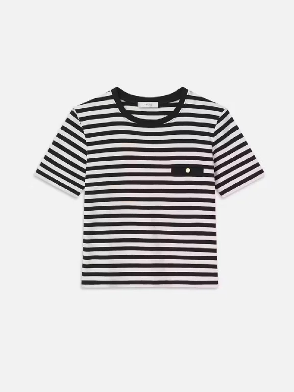 Women's Blouse with ZipperStriped Pocket Tee -- Black Multi