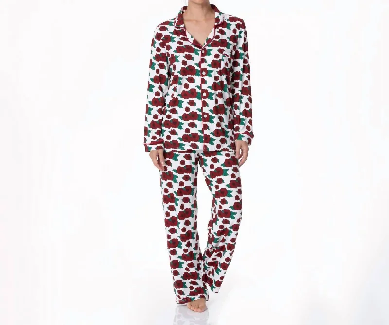 women's pajamas for a relaxing weekendLong Sleeve Collared Pajama Set In Holiday Poppies