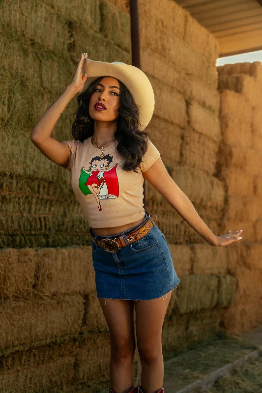 Women's Blouse with BeadsBetty Boop Baby Tee -Tan