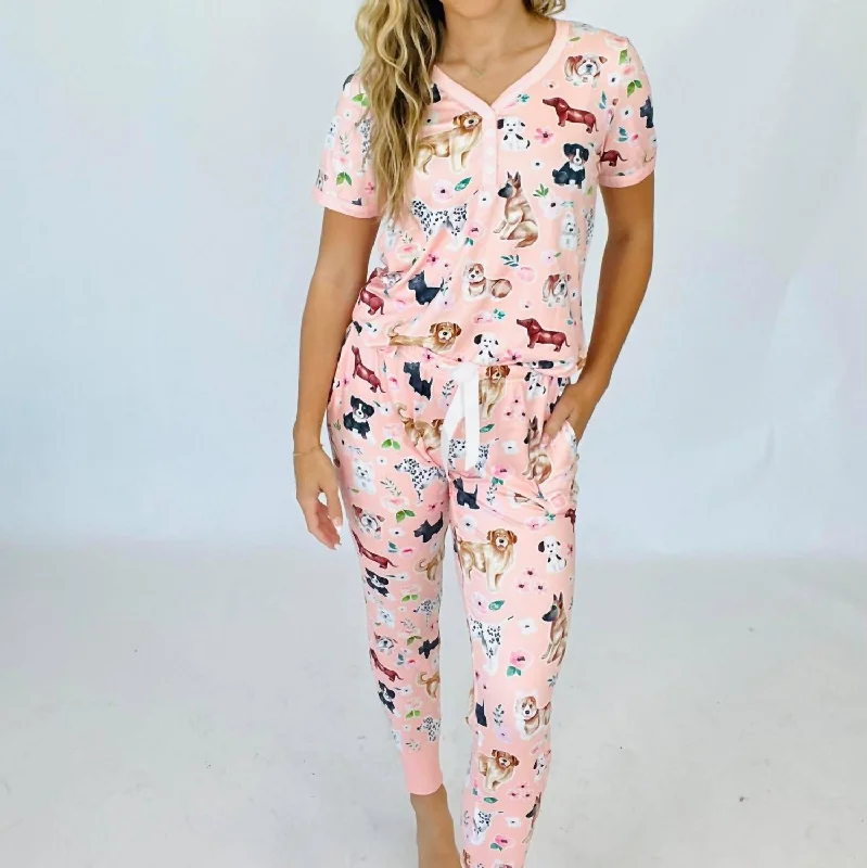 women's pajamas with a fitted designDogs Pajama Lounge Set In Pink