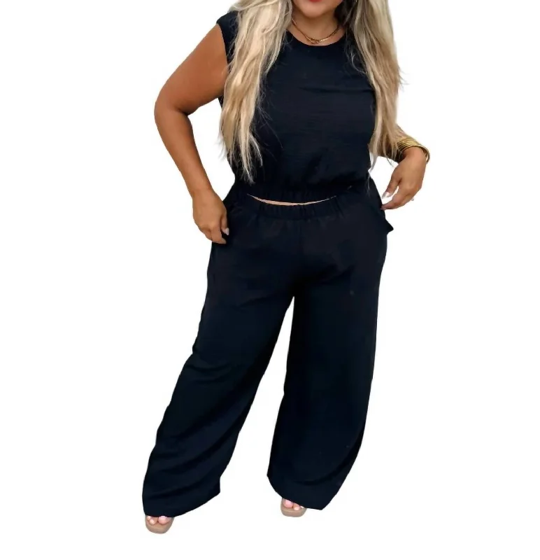 women's pajamas with pockets on the chestTwo Piece Pant Set In Black