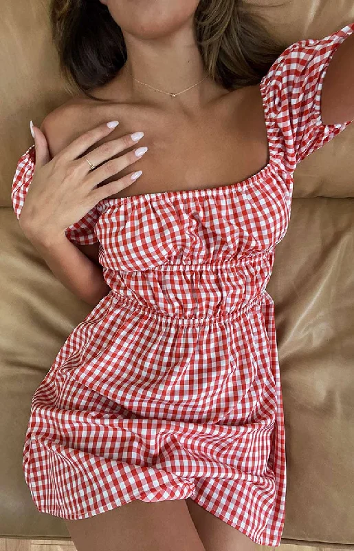 Women's Narrow Collar DressesI'm Yours Red Gingham Mini Dress