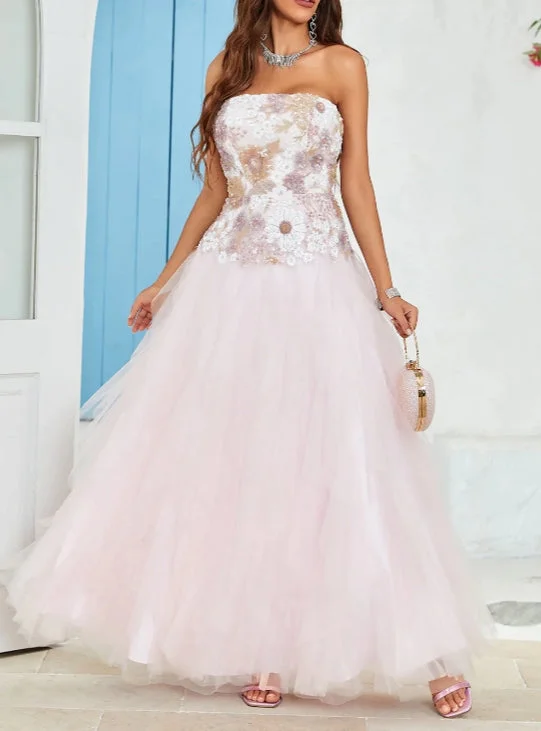 Women's Collarless DressesSequins/Sparkling Party Dress Strapless A Line Pink Tulle Long Prom Dress with Appliques