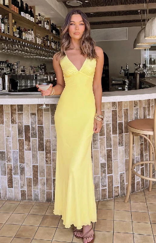 Women's V-Back DressesSunflower Yellow Mesh Maxi Dress