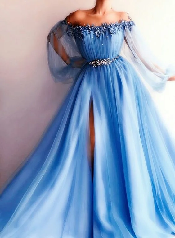 Women's Keyhole-Back DressesBlue Tulle Prom Dresses, A-Line Tulle Party Evening Dresses       S2222