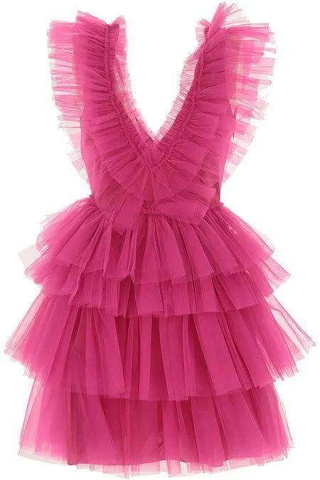 Women's Boat-Neck DressesA Line Pink V Neck Tiered Homecoming Dress, Tulle Short Prom Party Dress    S1474