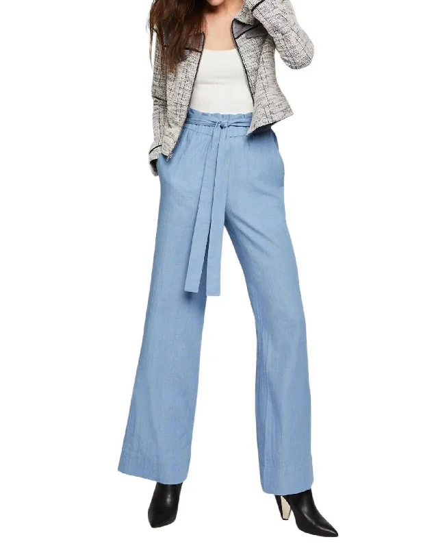 Women's Jodhpurs with Square CollarWoven Textured Paper Bag Denim Trousers In Blue