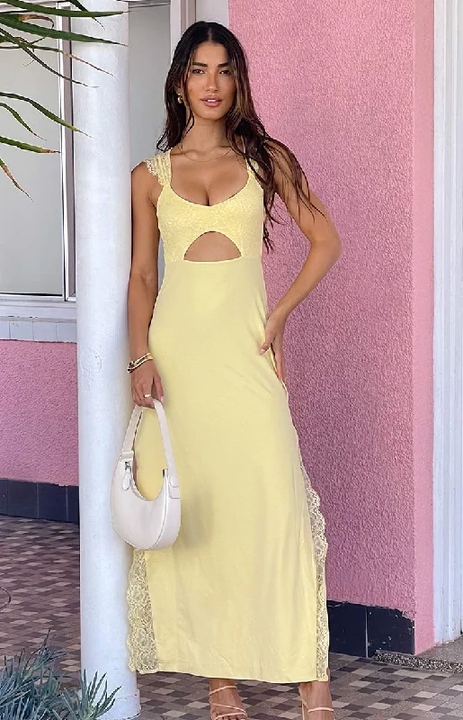 Women's Shawl Collar DressesTiana Yellow Lace Maxi Dress