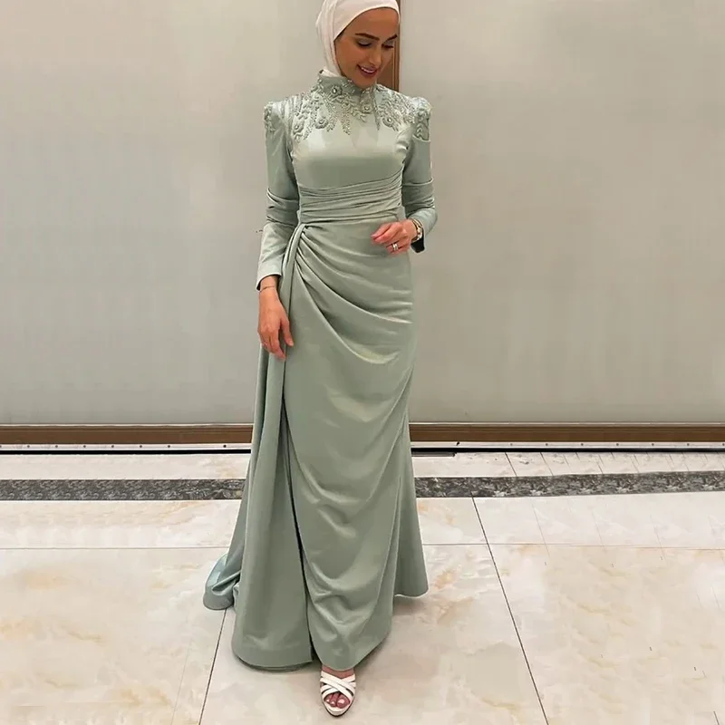 Women's Semi-Formal SkirtsSage Muslim Mermaid Evening Dresses for Women High Collar Long Sleeve Overskirt Appliques Beading Hijabi Formal Occasion Dress