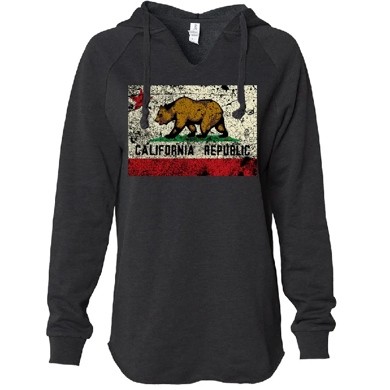 Women's Hooded Sweatshirts with Loose WaistCalifornia State Flag Distressed Women's Soft Hooded Pullover