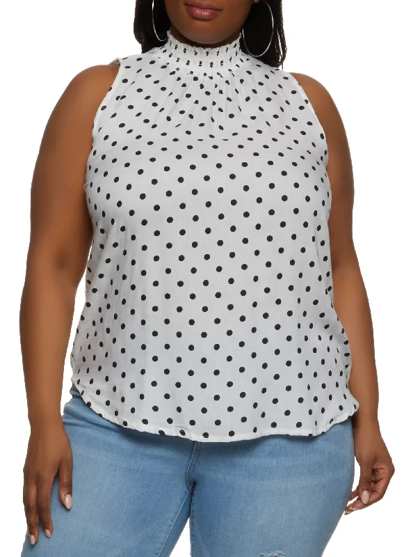 Women's Blouse with Mandarin CollarPlus Size Polka Dot Smocked Mock Neck Blouse