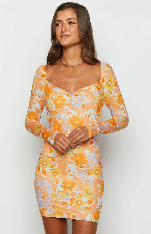 Women's V-Shaped Collar DressesAshi Orange Floral Long Sleeve Mini Dress