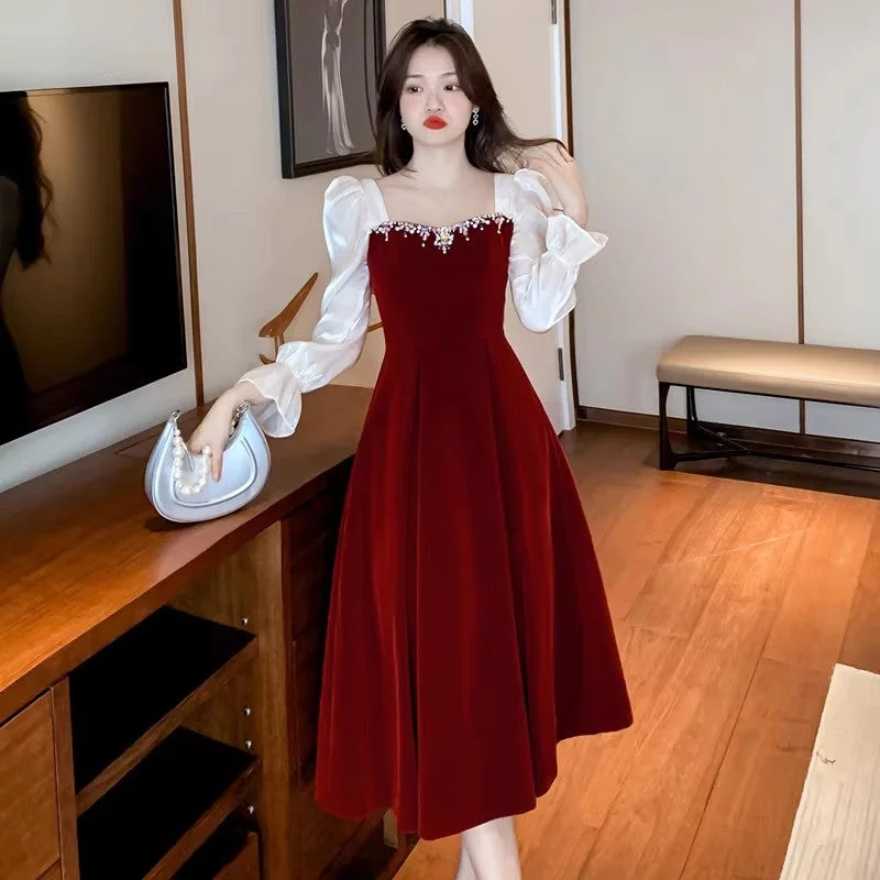 Women's V-Neck Dressesparty burgundy long dress for women, evening dress for party    S3453