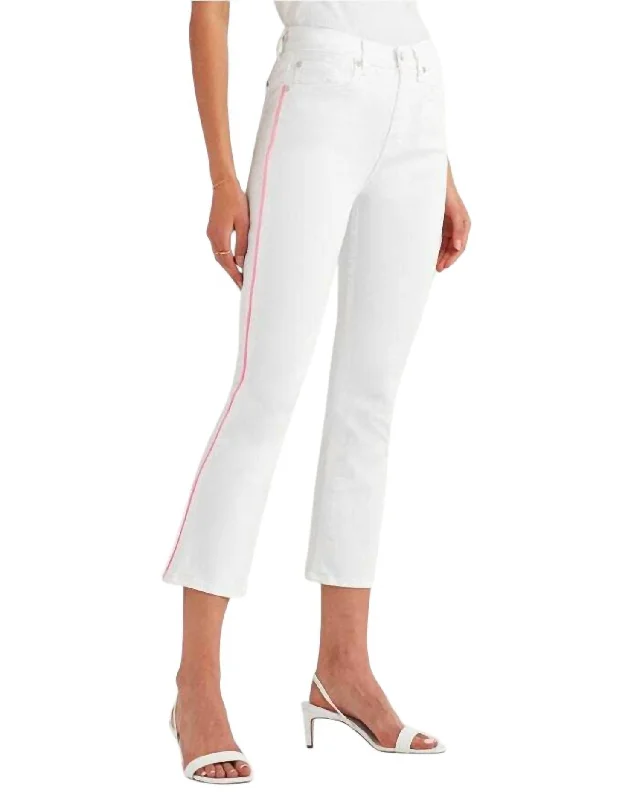 Women's Cargo PantsHigh Rise Flare Crop Pink Piping Jeans In White