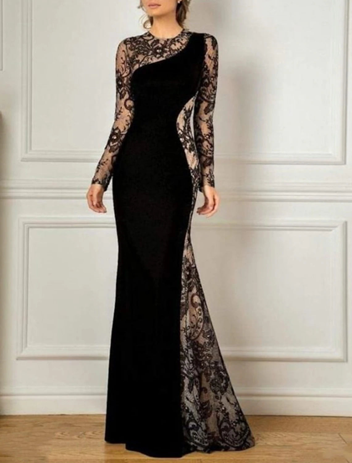 Women's High-Low DressesMermaid / Trumpet Mother of the Bride Dress Fall Wedding Guest Party Elegant Jewel Neck Floor Length Lace Velvet Long Sleeve No with Appliques Color Block