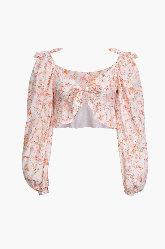 Women's Blouse for HolidayFloral Puff Sleeve Tie Front Blouse