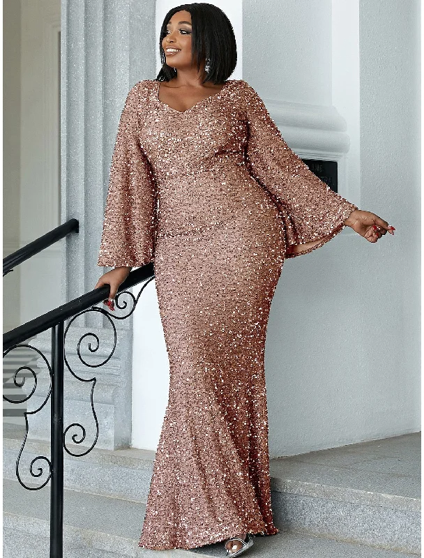 Women's Shawl Collar DressesMermaid / Trumpet Wedding Guest Dresses Plus Size Dress Cocktail Party Black Tie Floor Length Long Sleeve Scoop Neck Sequined with Glitter