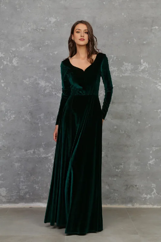 Women's Pleated SkirtsEvening  Dress Velvet Dress A Line Skirt Sweetheart Neckline Long Sleeves High Quality Fabric Dress Formal Dresses Wedding Guest Dress