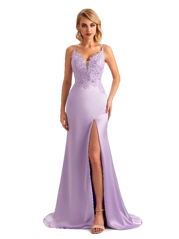 Women's Boat Collar DressesSexy Side Slit Spaghetti Straps Lace Mermaid Unique Satin Maxi Dress For Wedding