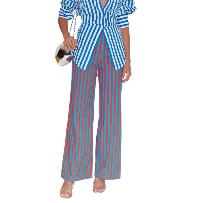 Women's Jodhpurs with Low CollarPia Striped Poplin Pants In Blue/paprika Stripe