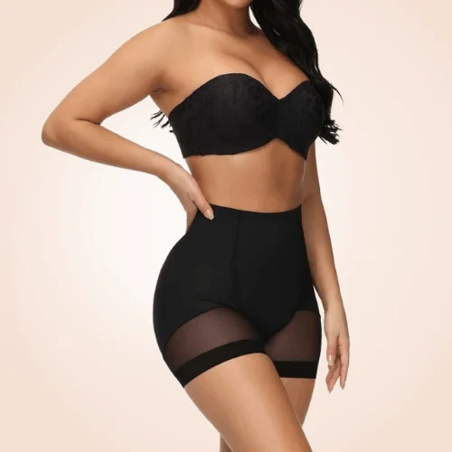 open-bust corset shapewear with lace appliquéContrast High-Waist Mesh Leg Shaper Shorts