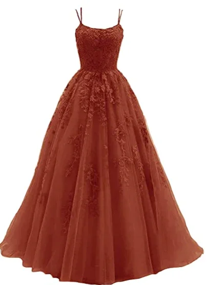 Women's Gathered DressesBurnt orange spaghetti strap prom dress, long tulle lace appliquéd women's party dress    S2032