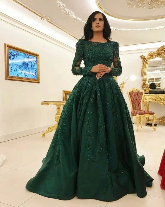 Women's High-Neck DressesGreen Prom Dress, Long Tulle Lace Appliqued Women's Party Dress    S2003