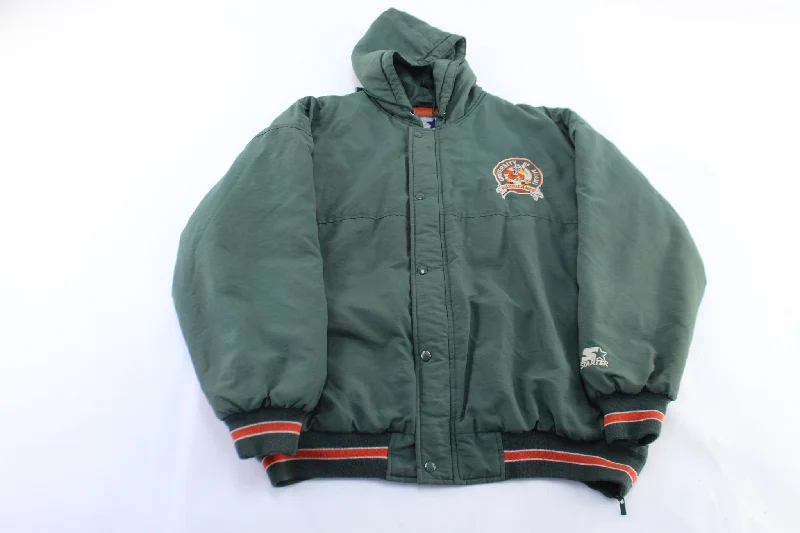 Women's Coats with Fur Trimmed Sleeves90's Miami Hurricanes Embroidered Starter Hooded Jacket