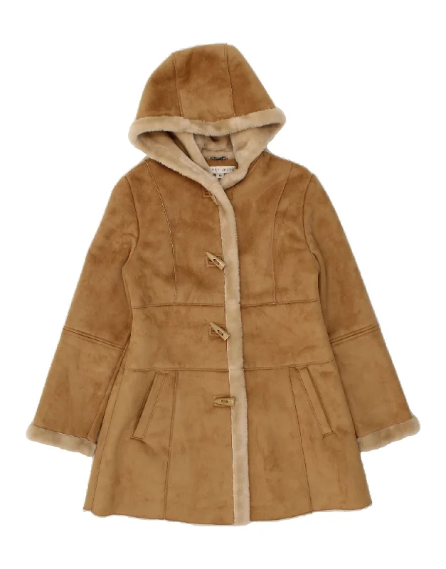 Women's Coats with Fur Trimmed HoodLARRY LEVINE Womens Hooded Sherpa Duffle Coat UK 14 Medium Brown Polyester