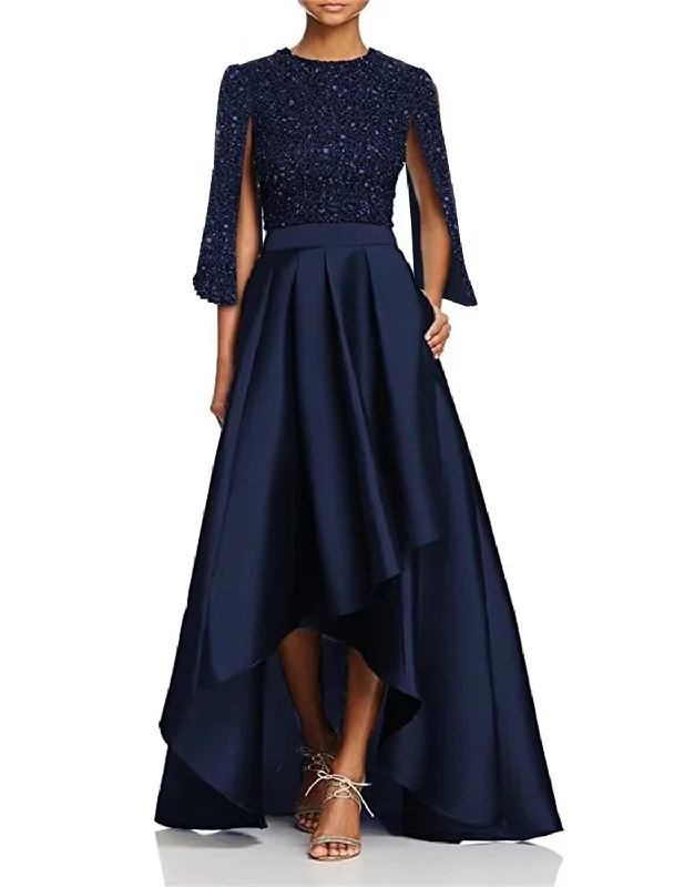 Women's Wide Collar DressesA-Line Cocktail Dresses Elegant Dress Wedding Party Church Tea Length Long Sleeve Jewel Neck Pocket Sequined with Slit