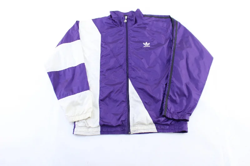 Women's Coats with Fur Trimmed Hood90's Adidas Embroidered Logo White & Purple Striped Zip Up Jacket