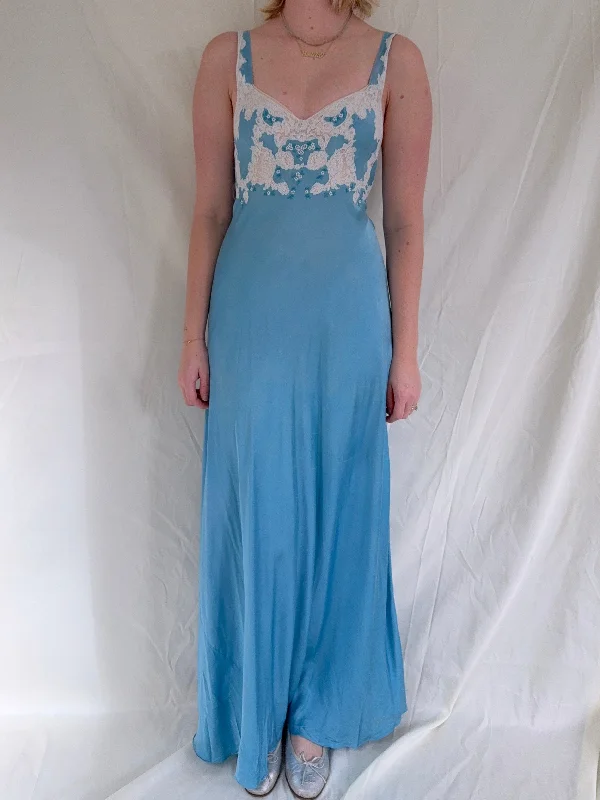 women's pajamas with a blend of comfort, style, and functionality1930's Sky Blue Silk Slip with White Lace