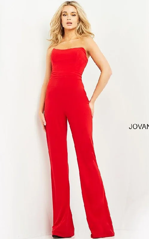 Women's Jumpsuits with Peter Pan CollarJovani 03915 Long Formal Strapless Jumpsuit