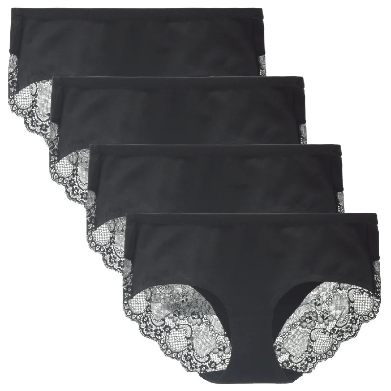 floral lace thong panties with a high-cut design and stretchable waistbandLIQQY Women's 4 Pack Mid Rise Cotton Lace Back Full Coverage Brief Panty Underwear