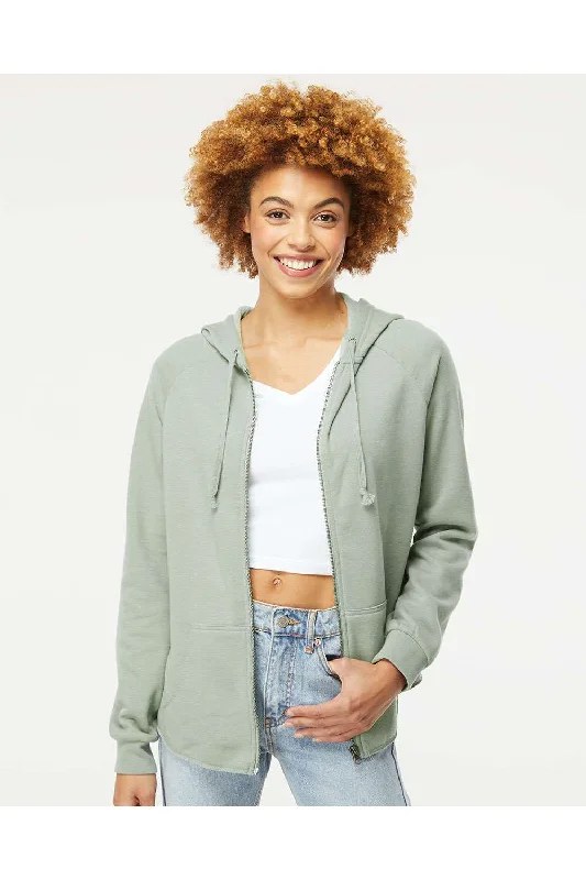 Women's Hooded Sweatshirts with Side PocketsIndependent Trading Co. Womens California Wave Wash Full Zip Hooded Sweatshirt Hoodie w/ Pockets - Sage Green