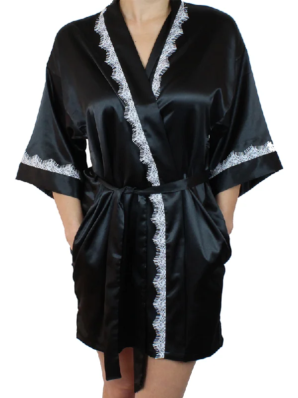 women's pajamas for movie nightsWomen's Satin Kimono Short Robe with Lace Trim