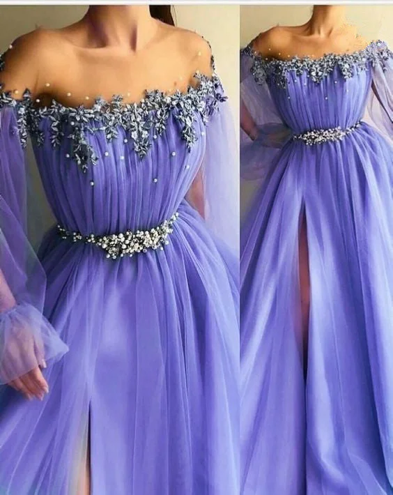 Women's Rounded-Neck DressesPurple Tulle Prom Dresses, A-Line Tulle Party Evening Dresses       S2218