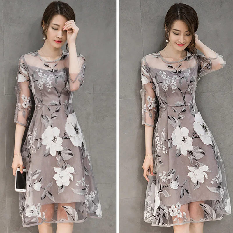 Women's U-Shaped Collar DressesElegant Organza Floral Party Dress   S537