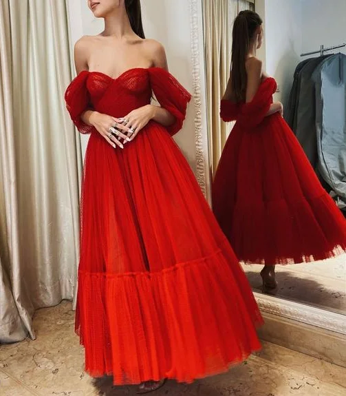 Women's U-Shaped Collar DressesRed Party Prom Dresses Red Evening Dress     S2255