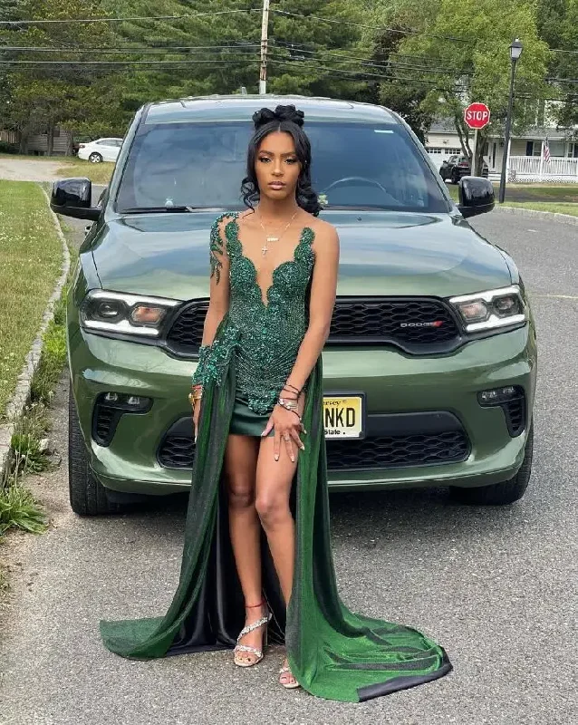 Women's Summer SkirtsEmerald Green Short Prom Homecoming Dresses with Overskirt Sparkly Diamond Black Girl Birthday Gown vestidos de graduación