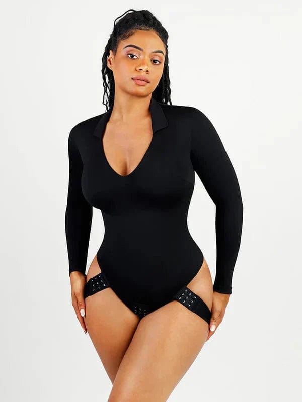 full-body shapewear with adjustable strapsDeep V Neck Long Sleeve Shapewear Thong Bodysuit