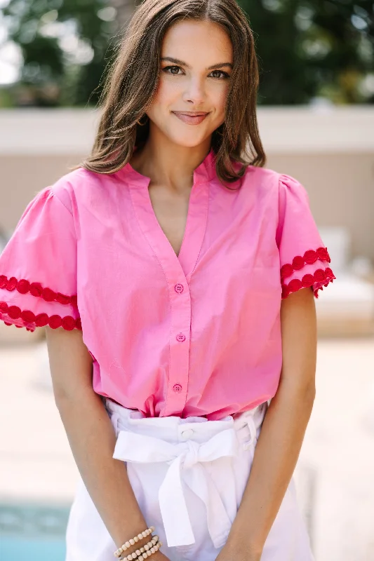 Women's Cozy ShortsFree To Be You Pink Button Down Blouse