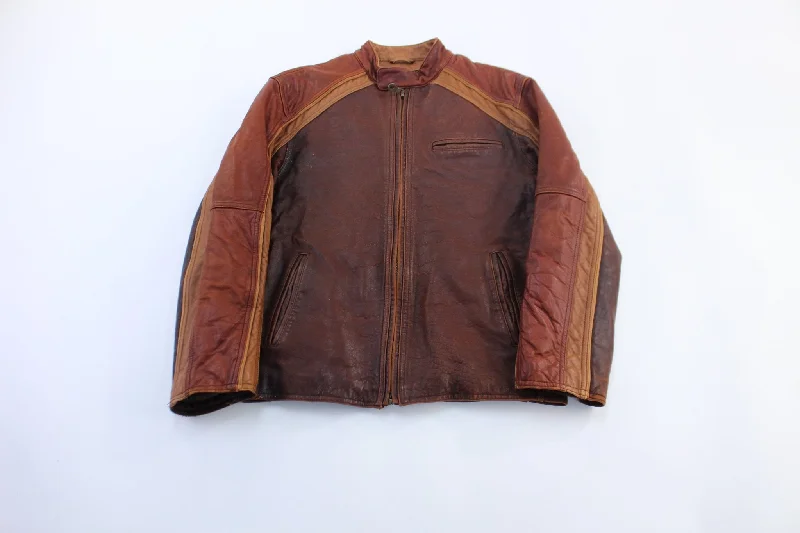 Women's Coats with SleevesPrestige Brown Striped Leather Zip Up Jacket