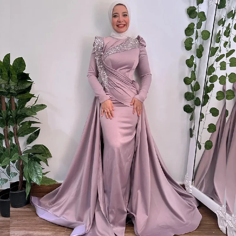 Women's Tiered SkirtsDusty Pink Mermaid Evening Dresses with Overskirt Long Sleeves Sweep Train Pleats Sequined Beading Hijab Women robe de soirée