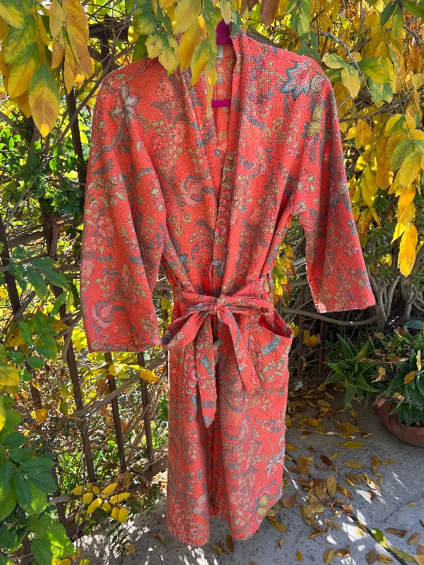 women's pajamas with a sophisticated eleganceCotton Honeycomb Floral Kimono (Coral)