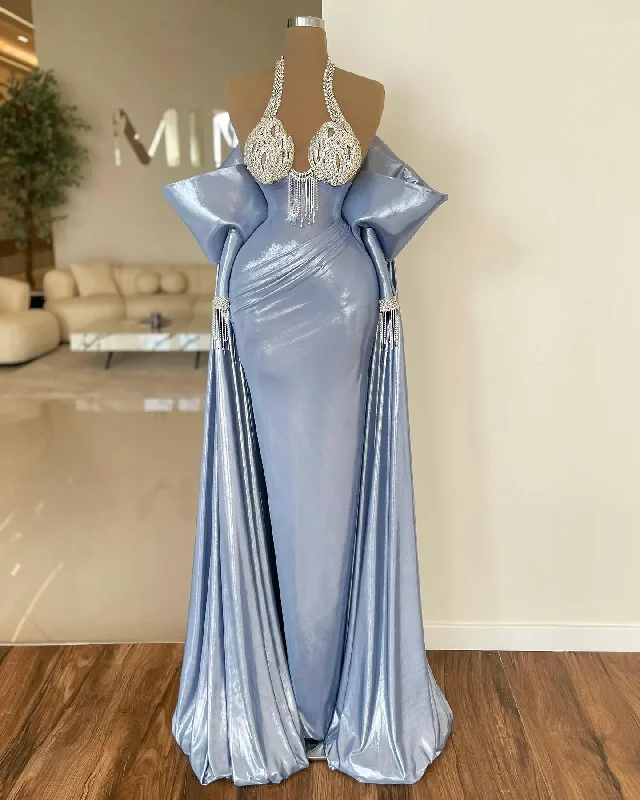 Women's Asymmetrical SkirtsGlossy Leather Blue Long Prom Dresses with Detachable Train Cape Off the Shoulder Elegant Formal Dress Overskirt Evening Gowns