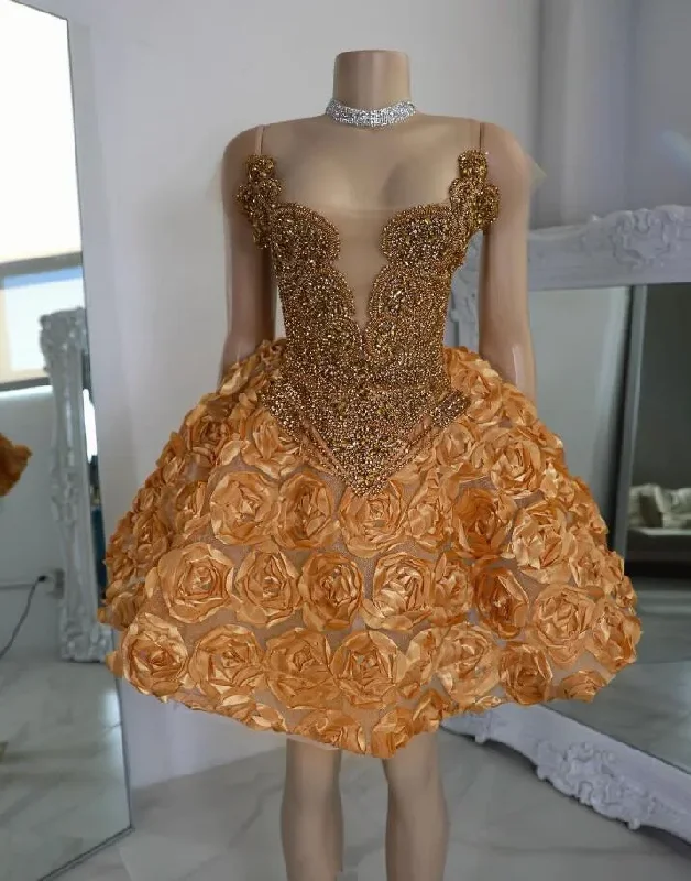 Women's Trendy SkirtsGolden Sparkly Short Prom Homecoming Dresses for Black Girl 3D Rose Skirt Luxury Diamond Birthday Gala Ceremony Cocktail Gown