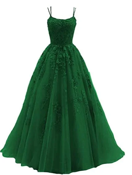 Women's V-Shaped-Neck DressesSpaghetti Strap Prom Dress, Long Tulle Lace Appliqued Women's Party Dress    S2002