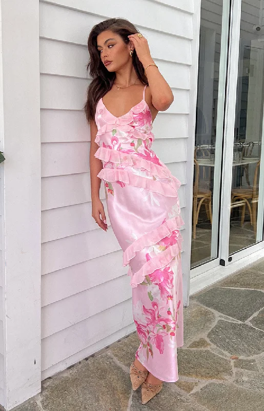 Women's Collarless DressesInara Pink Floral Print Ruffle Maxi Dress