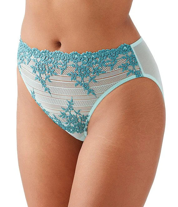 moisture-wicking mesh panties with a breathable modal lining for intense workoutsWacoal Embrace Lace Hi-Cut Panty